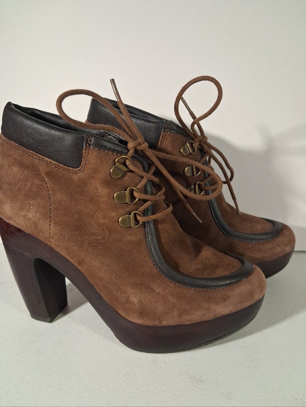 Lucky Brand Women's Shoes Brown Suede Leather Cone Heels Lace Up Boots Size 7.5